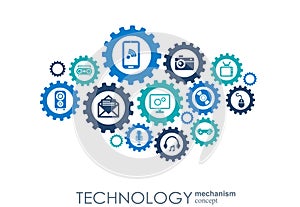 Technology mechanism concept. Abstract background with integrated gears and icons for digital, strategy, internet