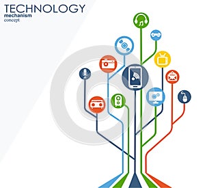 Technology mechanism concept. Abstract background with integrated gears and icons for digital, strategy, internet