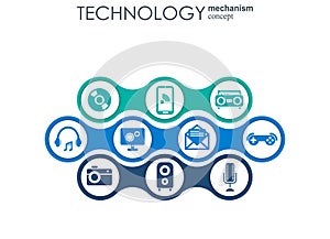 Technology mechanism concept. Abstract background with integrated gears and icons for digital, strategy, internet