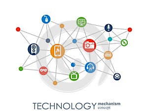 Technology mechanism concept. Abstract background with integrated gears and icons for digital, strategy, internet