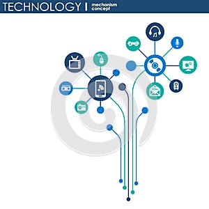 Technology mechanism concept. Abstract background with integrated gears and icons for digital, strategy, internet, network, connec