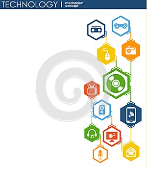 Technology mechanism concept. Abstract background with integrated gears and icons for digital, strategy, internet, network, connec