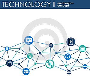 Technology mechanism concept. Abstract background with integrated gears and icons for digital, strategy, internet, network, connec