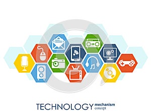 Technology mechanism concept. Abstract background with integrated gears and icons for digital, strategy, internet, network, connec