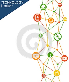 Technology mechanism concept. Abstract background with integrated gears and icons for digital, strategy, internet, network, connec