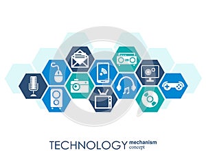 Technology mechanism concept. Abstract background with integrated gears and icons for digital, strategy, internet, network, connec