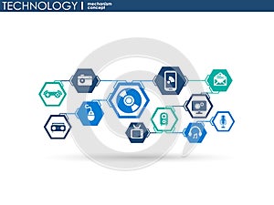 Technology mechanism concept. Abstract background with integrated gears and icons for digital, strategy, internet, network, connec