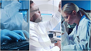 Technology and medical concept. Scientists, lab equipment and microscopes in biomedical innovations and clinical studies photo