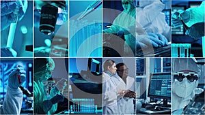 Technology and medical concept. Scientists, lab equipment and microscopes in biomedical innovations and clinical studies. Ideal photo
