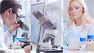 Technology and medical concept. Scientists, lab equipment and microscopes in biomedical innovations and clinical studies. Ideal photo