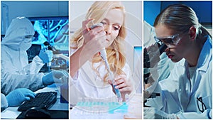 Technology and medical concept. Scientists, lab equipment and microscopes in biomedical innovations and clinical studies. Ideal photo