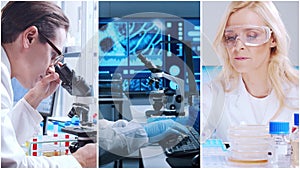 Technology and medical concept. Scientists, lab equipment and microscopes in biomedical innovations and clinical studies. Ideal photo