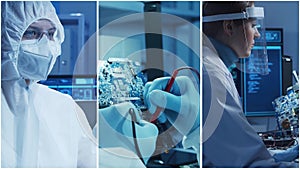 Technology and medical concept. Scientists, lab equipment and microscopes in biomedical innovations and clinical studies. Ideal photo