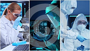 Technology and medical concept. Scientists, lab equipment and microscopes in biomedical innovations and clinical studies. Ideal photo