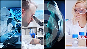 Technology and medical concept. Scientists, lab equipment and microscopes in biomedical innovations and clinical studies. Ideal photo
