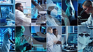 Technology and medical concept. Scientists, lab equipment and microscopes in biomedical innovations and clinical studies. Ideal photo