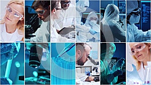 Technology and medical concept. Scientists, lab equipment and microscopes in biomedical innovations and clinical studies photo