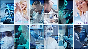 Technology and medical concept. Scientists, lab equipment and microscopes in biomedical innovations and clinical studies photo