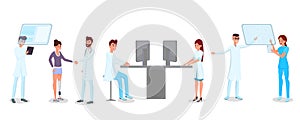 Technology in medicine vector illustrations set. Young doctors, nurses, medics characters. Modern hospital staff working