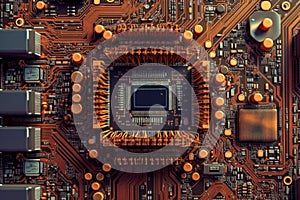Technology Microchip and circuit, top view, cpu, AI generated