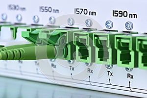 Technology network center with fiber optic equipment patch cords closeup