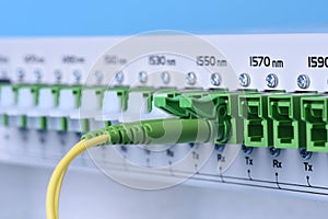 Technology network center with fiber optic equipment patch cords closeup
