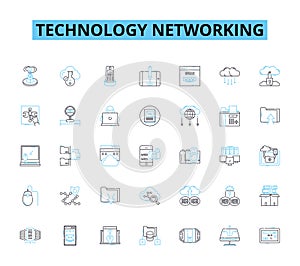 Technology networking linear icons set. Ethernet, Wi-Fi, Router, Firewall, Switch, Hub, Modem line vector and concept