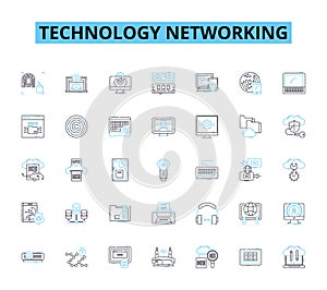 Technology networking linear icons set. Ethernet, Wi-Fi, Router, Firewall, Switch, Hub, Modem line vector and concept