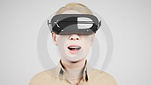 technology, online game, entertainment, virtual world in 3D simulation. millennial woman in vr glasses plays in the
