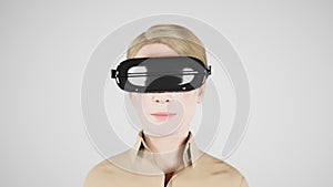 technology, online game, entertainment, virtual world in 3D simulation. millennial woman in vr glasses plays in the