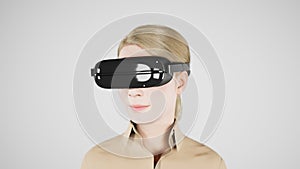 technology, online game, entertainment, virtual world in 3D simulation. millennial woman in vr glasses plays in the