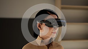 technology, online game, entertainment, virtual world in 3D simulation. millennial woman in vr glasses plays at home, 3d