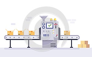 Technology and packing concept in flat style. Industrial machine vector illustration.