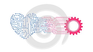 The technology pattern the circuit board the heart shape and the gear wheel are connected to each other. On vector background