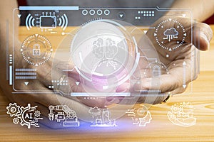 Technology and people concept man use AI to help work, AI Learning and Artificial Intelligence Concept. Business, modern