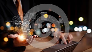 Technology and people concept man use AI to help work, AI Learning and Artificial Intelligence Concept. Business, modern