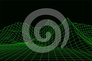 Technology perspective grid with mountain landscape background. Vector digital space wireframe landscape. Mesh on a black