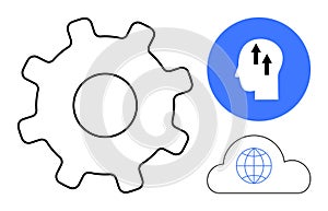 Technology progress concept with gear, human head, and cloud with globe icon elements