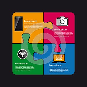 Technology Puzzle Design With Smartphone, Camera, Laptop And Wlan Symbol - Colorful Vector Illustration