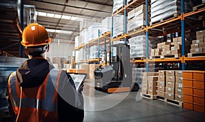 Technology Retail Warehouse. Back view Worker Doing Inventory Walks when Digitalization Process Analyzes Goods