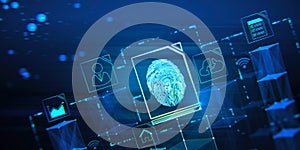 Technology safety and personal data security concept with digital blue human fingerprint on abstract dark background with internet