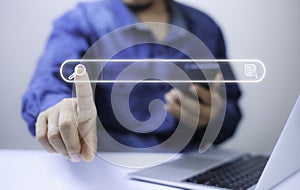 Technology Search Engine Optimization Concept . Businessman click Internet Data Search  Engine. Internet browsing Information