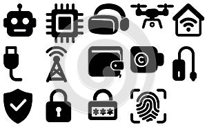 technology security and digital solid icons vector pack