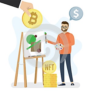 Technology of selling NFT tokens for cryptocurrency. Art studio. Male artist stands at an easel and draws picture. Painter or art