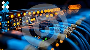 Technology Server Setup: Closeup of Networking Equipment Cables and Connectors. Concept Network