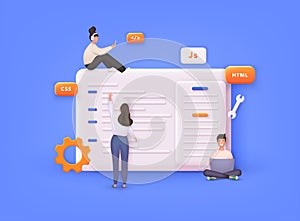 Technology of Software development, web design, programming concept. Program code on screen, code of program, data, interface