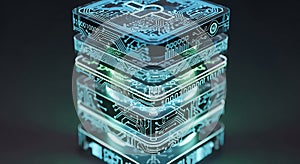 Abstract technology stack with glowing circuit patterns for data storage and processing