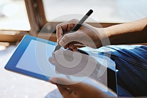 Technology, tablet and man writing with pen for web design business. Tech, digital notepad and businessman doing work