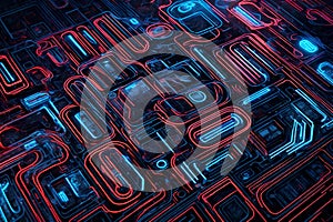 Technology-themed abstract background with blue and red lines creating a dynamic pattern. High-end tech wallpaper showcasing