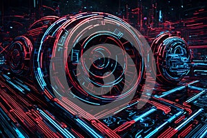 Technology-themed abstract background with blue and red lines. High-end tech wallpaper featuring sleek and dynamic lines photo